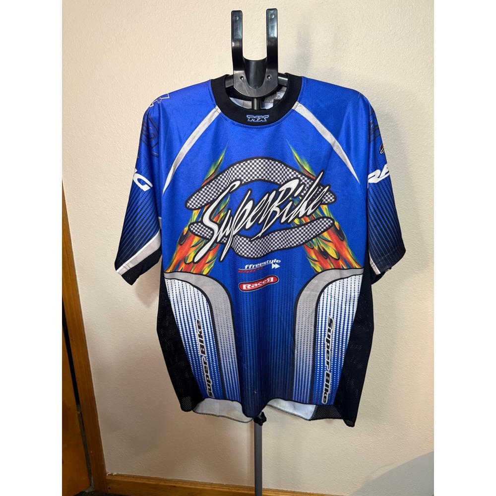 Athletic Works Mens SuperBike Motocross Jersey Blue Flame Racing Graphic Large
